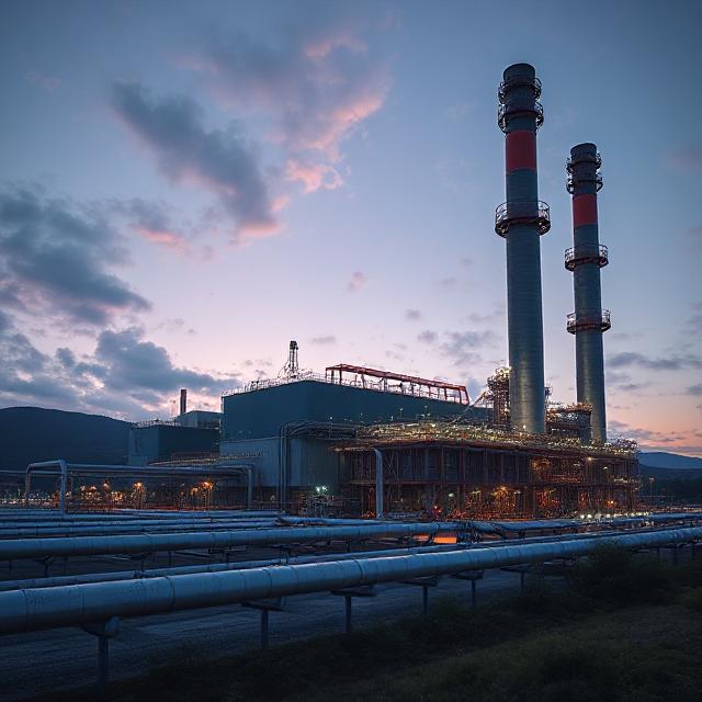 a power plant with the sun setting in the background